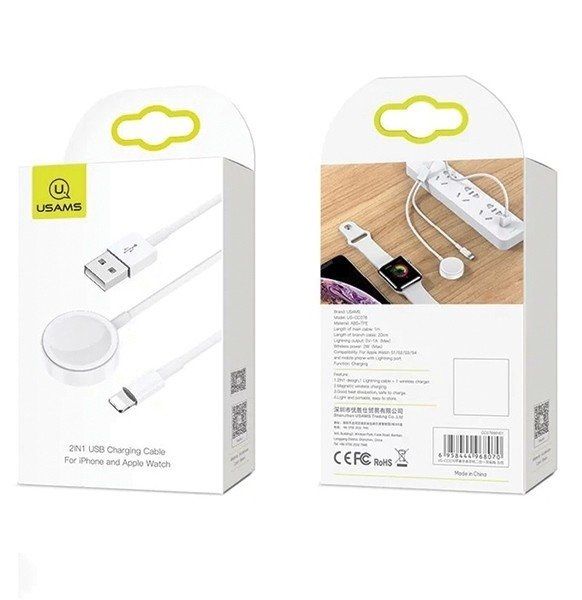 Бездротовий зарядний пристрій Usams US-CC076 2in1 USB Charging Cable for iPhone & Apple Watch White (CC076WH01)